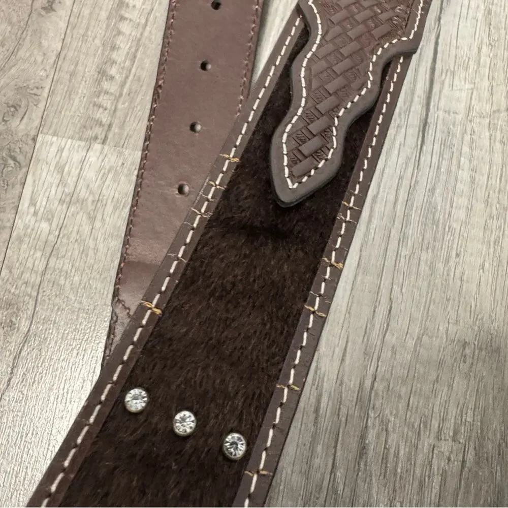 Western Belt Rhinestone Bling Brown Leather Rodeo Buckle Cowgirl Small